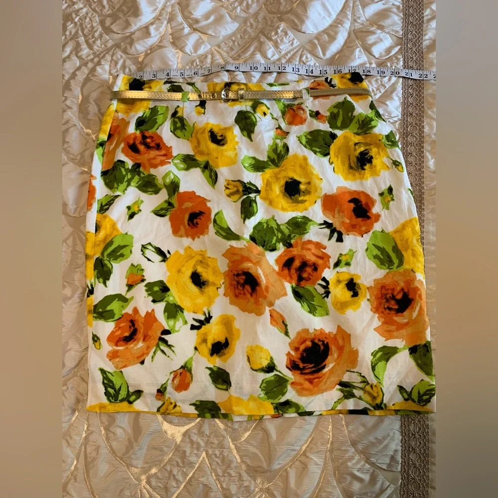 Premise Multicolored Floral Rose Pencil Skirt with Gold‎ Belt Size 12 Romantic